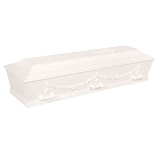 Kiste-hvid-med-guirlander fra Begravelsesforretningen Fyen